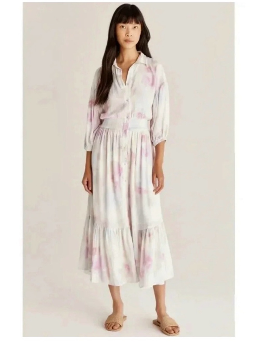 Z Supply Long Sleeve Dress in Light Pink Watercolor Print